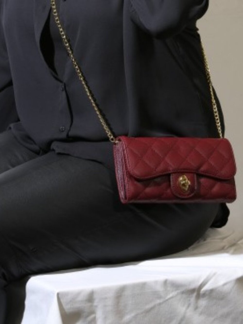 Burgundy Quilted Wallet On Chain Crossbody Clutch Gold Chain